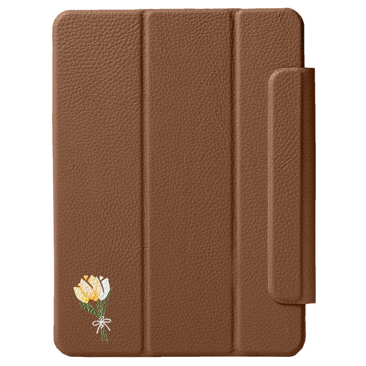 Étui iPad en cuir véritable italien gaufré, imprimé tulipe, 32 couleurs, fonction support
