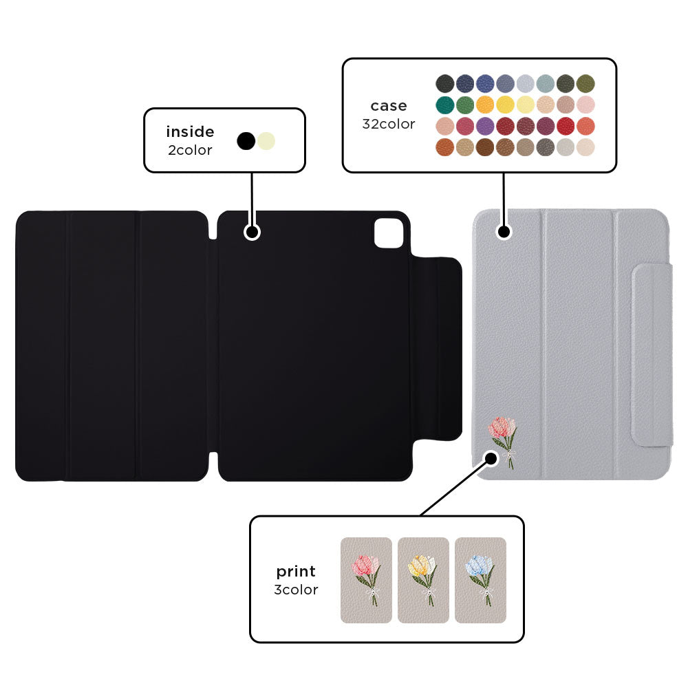 Étui iPad en cuir véritable italien gaufré, imprimé tulipe, 32 couleurs, fonction support