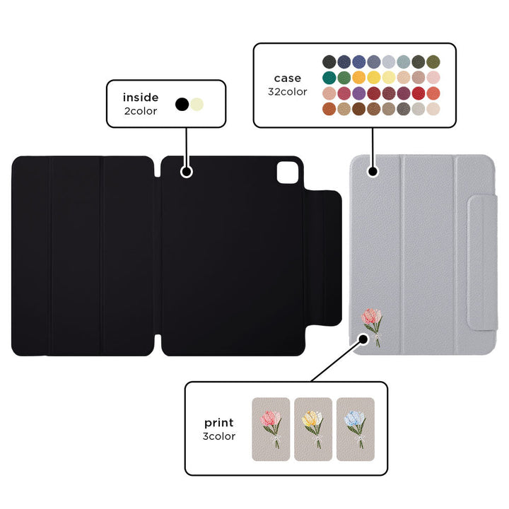 Étui iPad en cuir véritable italien gaufré, imprimé tulipe, 32 couleurs, fonction support