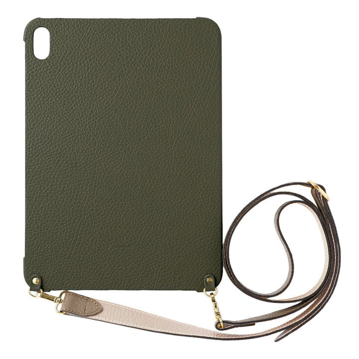 Étui iPad en cuir italien grainé bicolore 32 couleurs avec large sangle d&