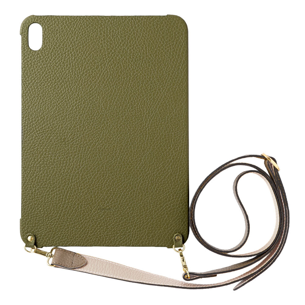 Étui iPad en cuir italien grainé bicolore 32 couleurs avec large sangle d&