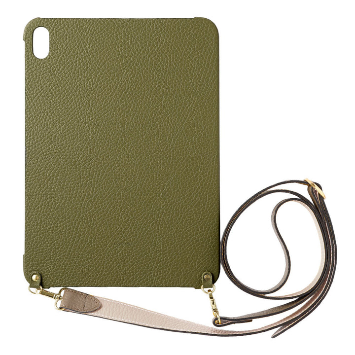 Étui iPad en cuir italien grainé bicolore 32 couleurs avec large sangle d&