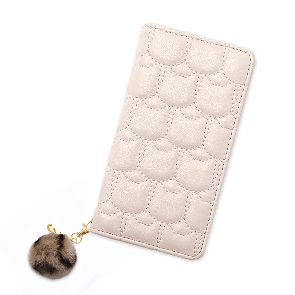 Vegan leather cat quilting initial fur charm attached notebook-style case for iPhone series