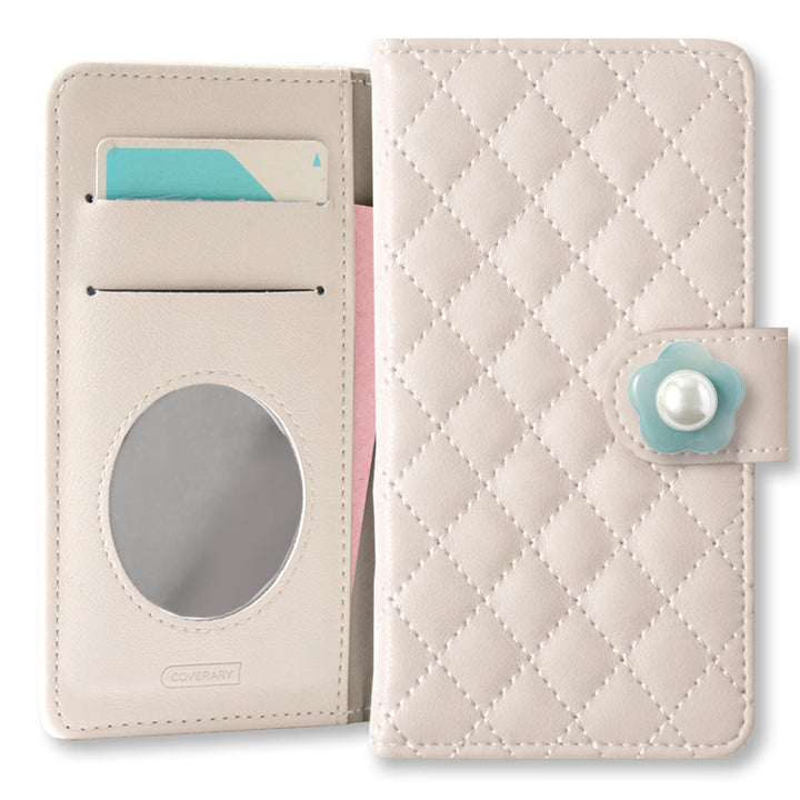 Quilted Flower Pearl Decor Wallet Case with Mirror (with Belt) for iPhone Series