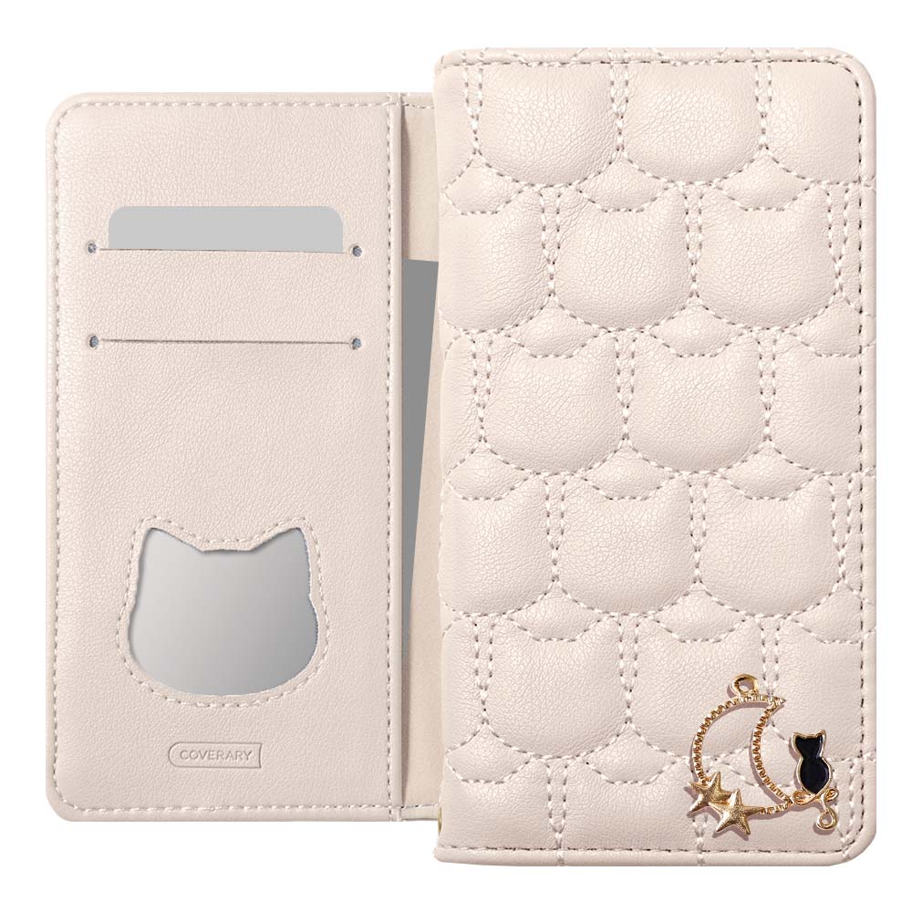 ヴィーガンレザー ネコキルティング ムーンキャットデコ 手帳型ケース Xperiaシリーズ