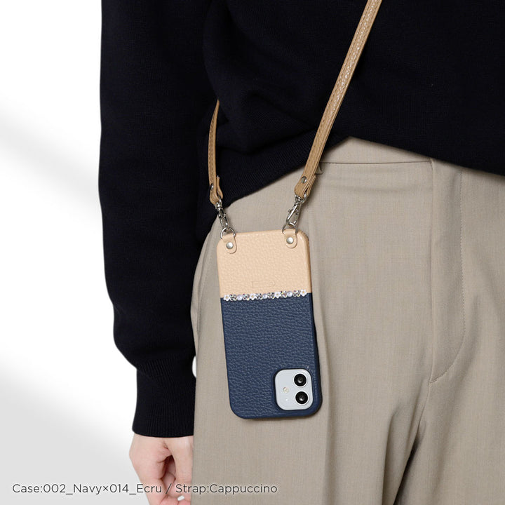 本革 32色 イタリアンシュリンクレザー 選べるバイカラー フラワーライン ショルダーストラップ付き 背面ケース