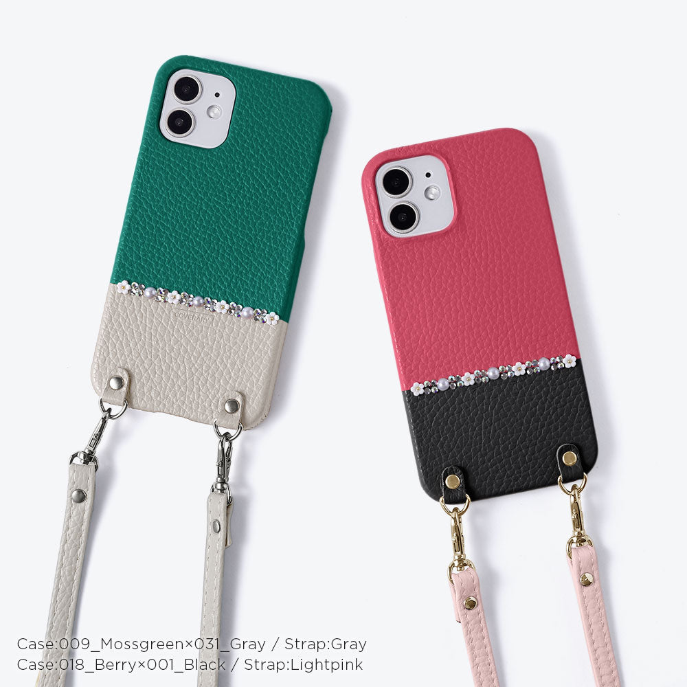 本革 32色 イタリアンシュリンクレザー 選べるバイカラー フラワーライン ショルダーストラップ付き 背面ケース iPhoneシリーズ