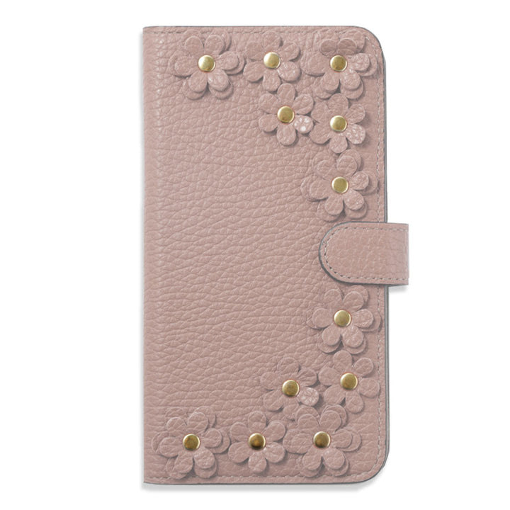Genuine leather 32 colors Italian shrink leather flower motif notebook-style case (with belt) AQUOS series