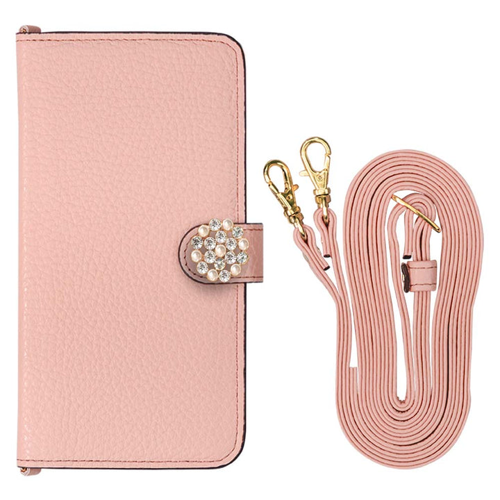 Cuir véritable 32 couleurs cuir italien grainé avec bandoulière, décoration perle cristal, étui portefeuille (avec ceinture)