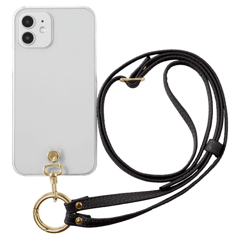 クリアケース 本革 リングショルダーストラップ(金具調整あり)付き 背面ケース iPhoneシリーズ