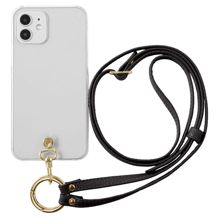 クリアケース 本革 リングショルダーストラップ(金具調整あり)付き 背面ケース iPhoneシリーズ