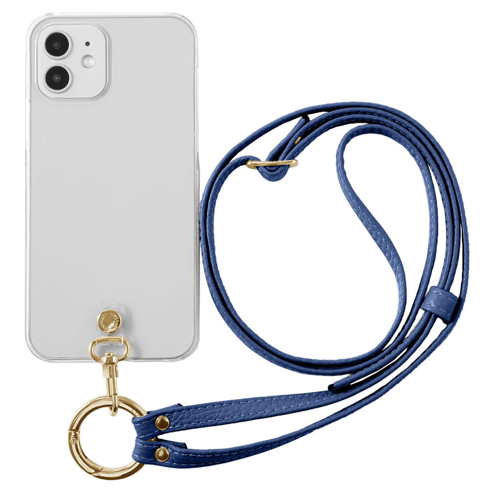 Étui transparent en cuir véritable avec bandoulière à anneau (ajustement des ferrures possible) et étui arrière