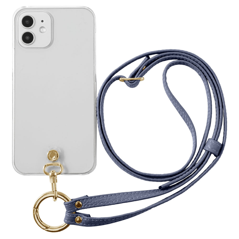 Étui transparent en cuir véritable avec bandoulière à anneau (ajustement des ferrures possible) et étui arrière