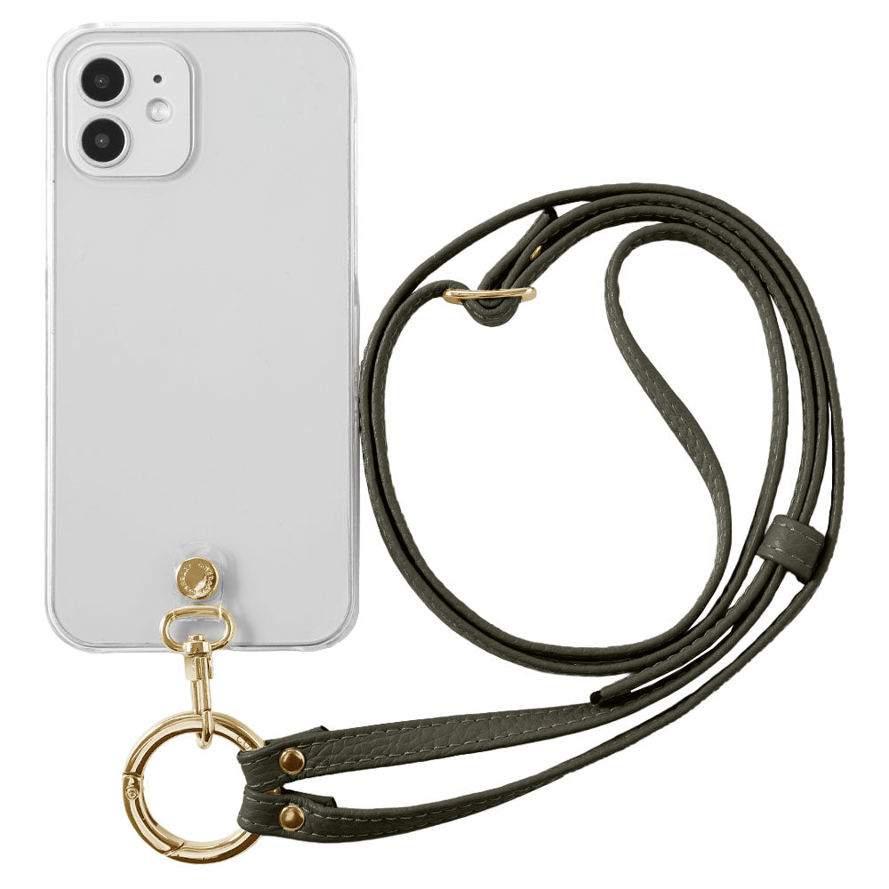 クリアケース 本革 リングショルダーストラップ(金具調整あり)付き 背面ケース iPhoneシリーズ