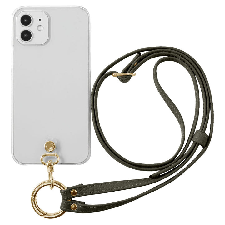 クリアケース 本革 リングショルダーストラップ(金具調整あり)付き 背面ケース iPhoneシリーズ