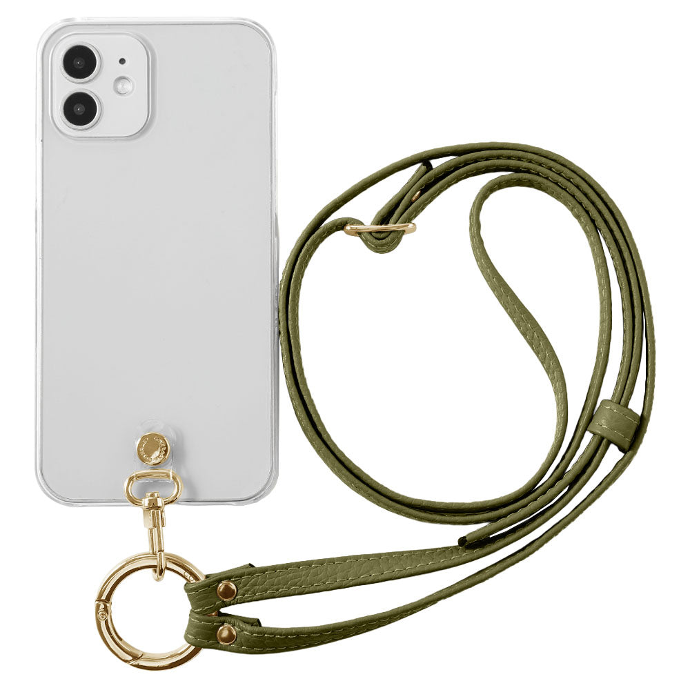 クリアケース 本革 リングショルダーストラップ(金具調整あり)付き 背面ケース iPhoneシリーズ