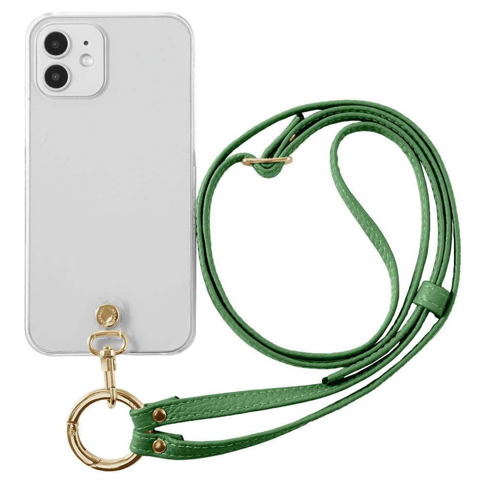 Étui transparent en cuir véritable avec bandoulière à anneau (ajustement des ferrures possible) et étui arrière