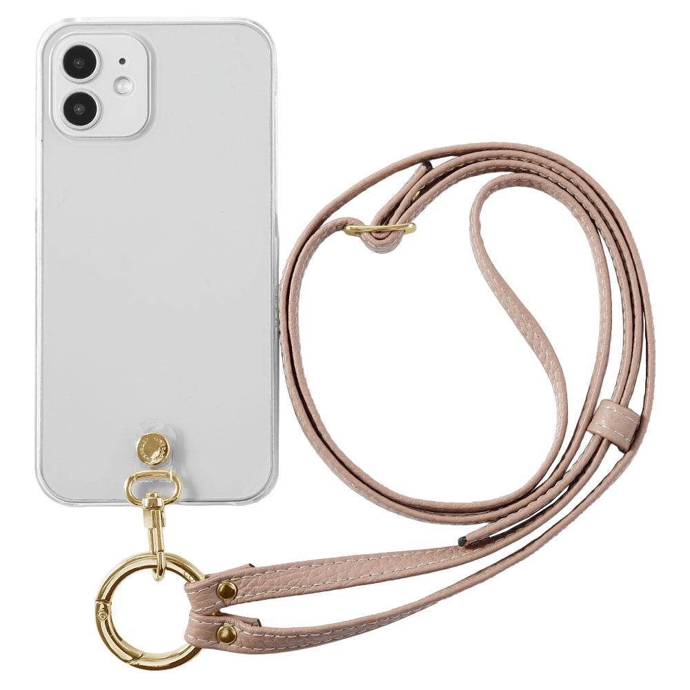 Étui transparent en cuir véritable avec bandoulière à anneau (ajustement des ferrures possible) et étui arrière