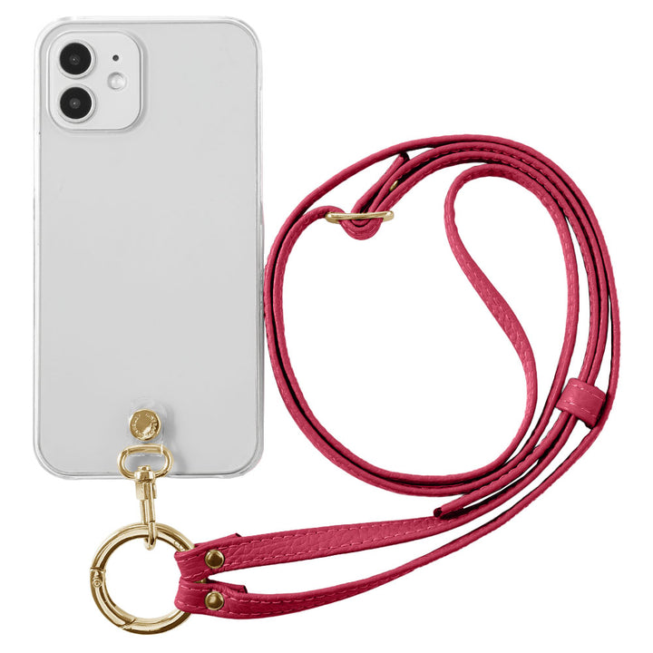 Étui transparent en cuir véritable avec bandoulière à anneau (ajustement des ferrures possible) et étui arrière