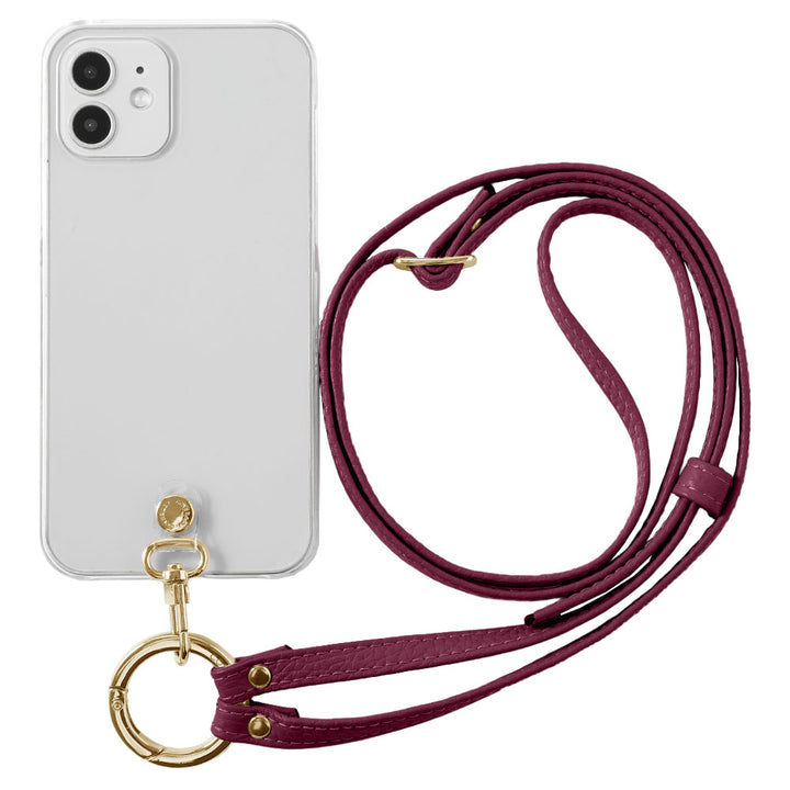 Étui transparent en cuir véritable avec bandoulière à anneau (ajustement des ferrures possible) et étui arrière