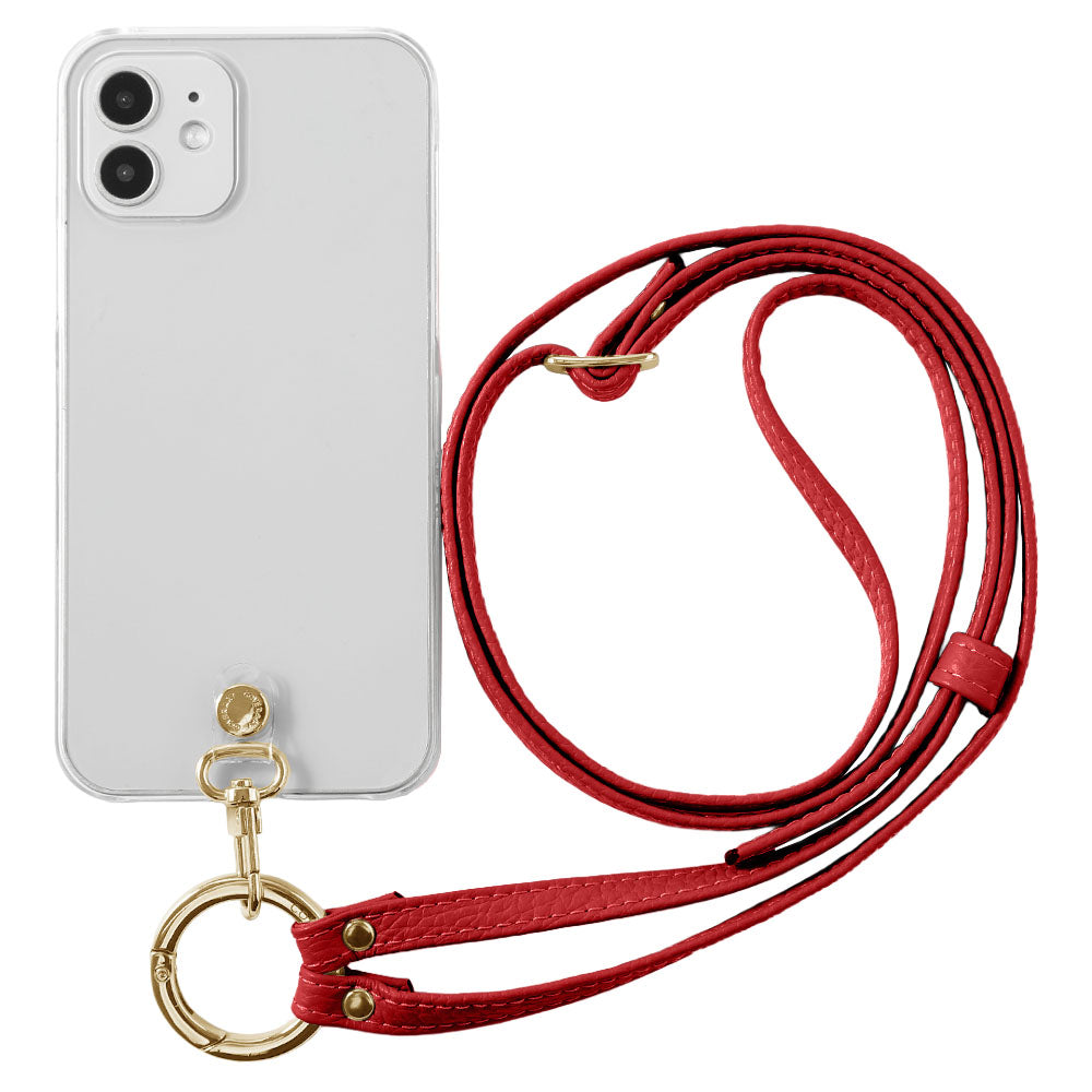 クリアケース 本革 リングショルダーストラップ(金具調整あり)付き 背面ケース iPhoneシリーズ