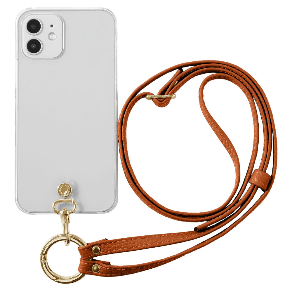 クリアケース 本革 リングショルダーストラップ(金具調整あり)付き 背面ケース iPhoneシリーズ