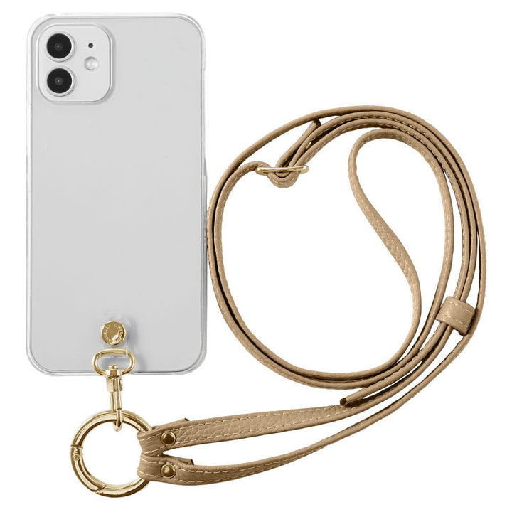クリアケース 本革 リングショルダーストラップ(金具調整あり)付き 背面ケース iPhoneシリーズ