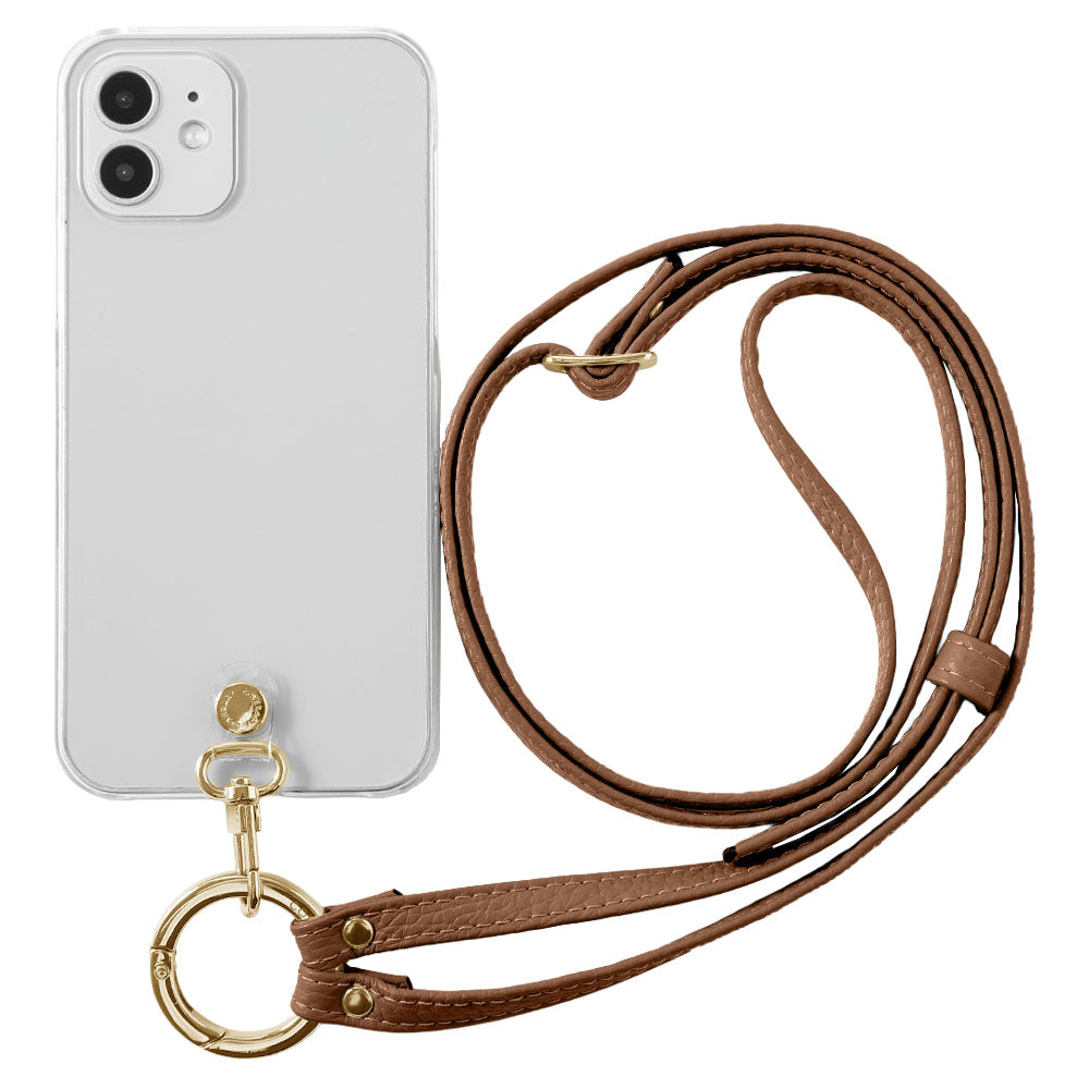 クリアケース 本革 リングショルダーストラップ(金具調整あり)付き 背面ケース iPhoneシリーズ