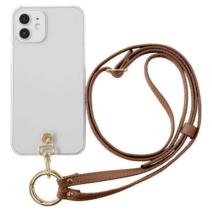 クリアケース 本革 リングショルダーストラップ(金具調整あり)付き 背面ケース iPhoneシリーズ