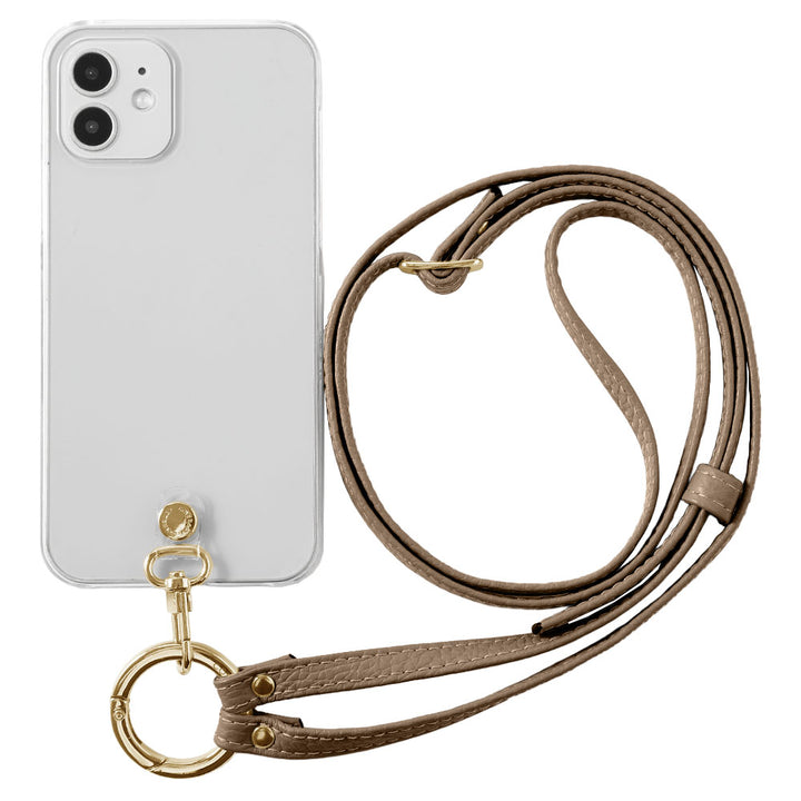 Étui transparent en cuir véritable avec bandoulière à anneau (ajustement des ferrures possible) et étui arrière