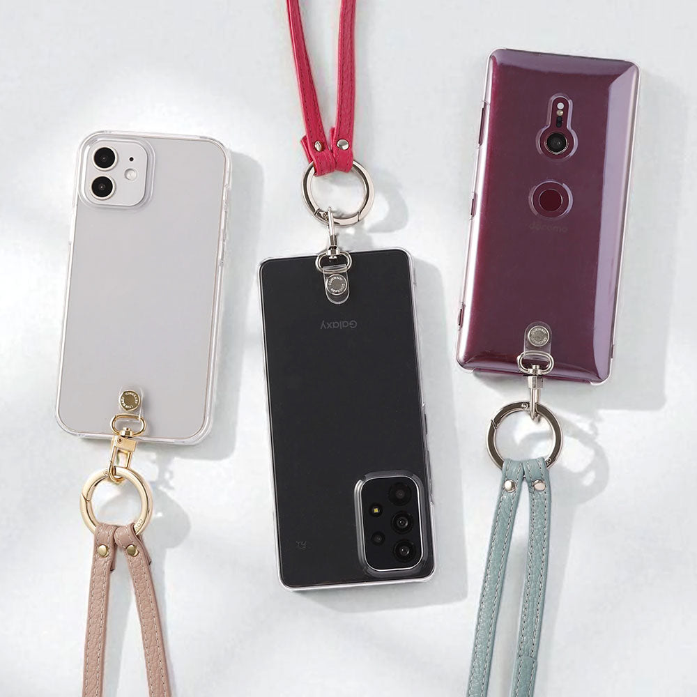 クリアケース 本革 リングショルダーストラップ(金具調整あり)付き 背面ケース iPhoneシリーズ
