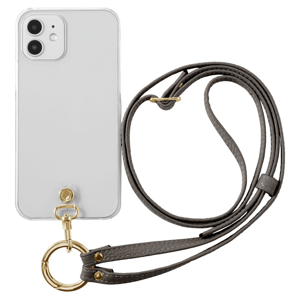 クリアケース 本革 リングショルダーストラップ(金具調整あり)付き 背面ケース iPhoneシリーズ