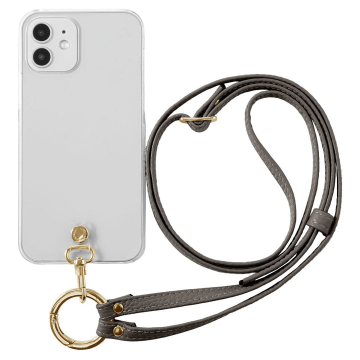 クリアケース 本革 リングショルダーストラップ(金具調整あり)付き 背面ケース iPhoneシリーズ