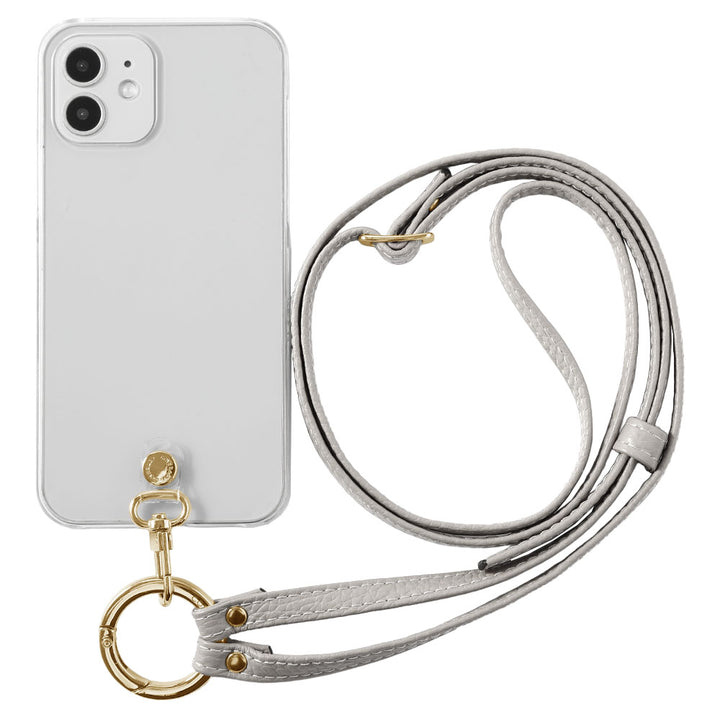 Étui transparent en cuir véritable avec bandoulière à anneau (ajustement des ferrures possible) et étui arrière
