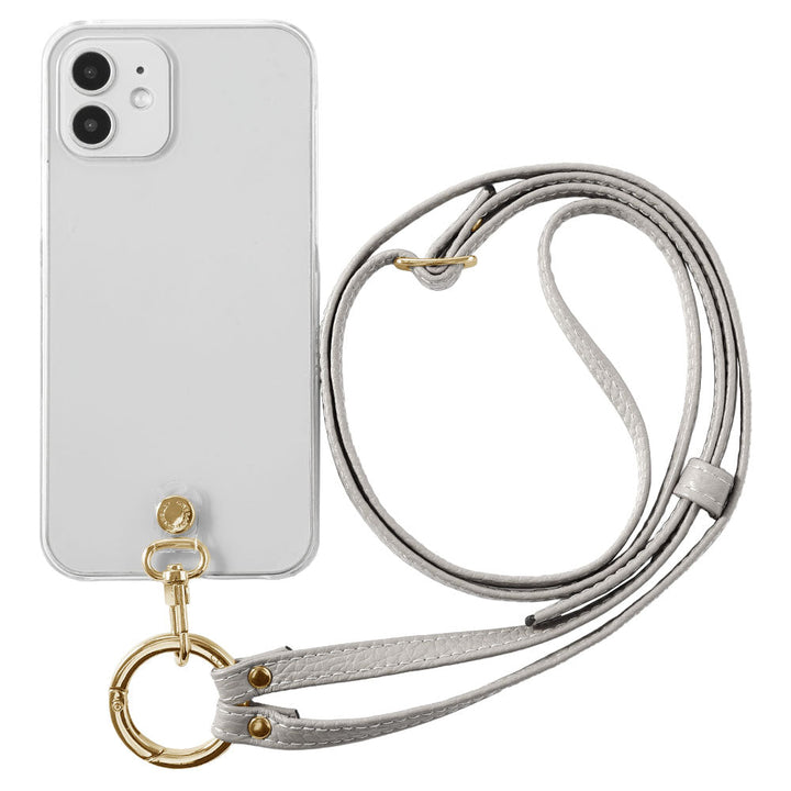 クリアケース 本革 リングショルダーストラップ(金具調整あり)付き 背面ケース iPhoneシリーズ