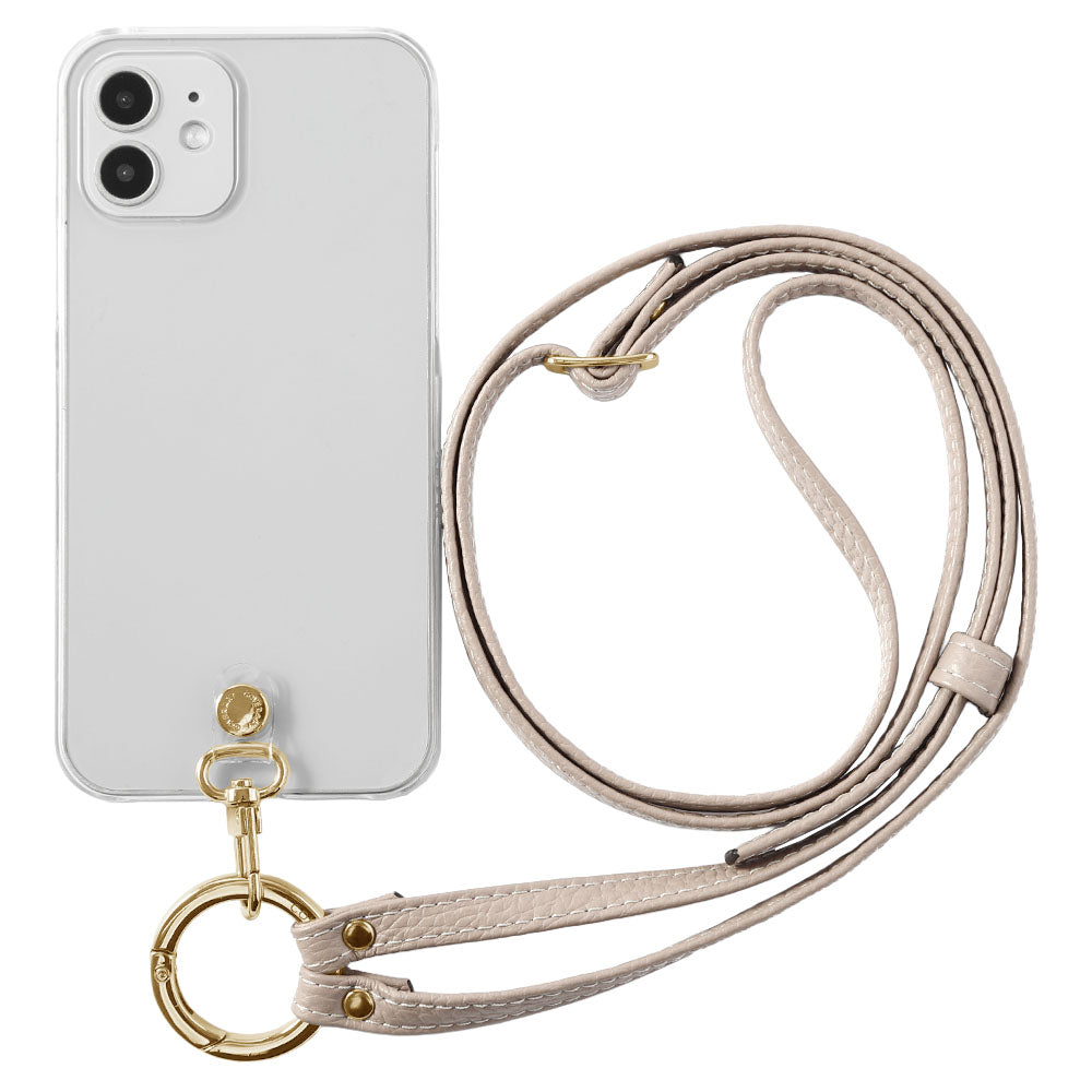 クリアケース 本革 リングショルダーストラップ(金具調整あり)付き 背面ケース iPhoneシリーズ