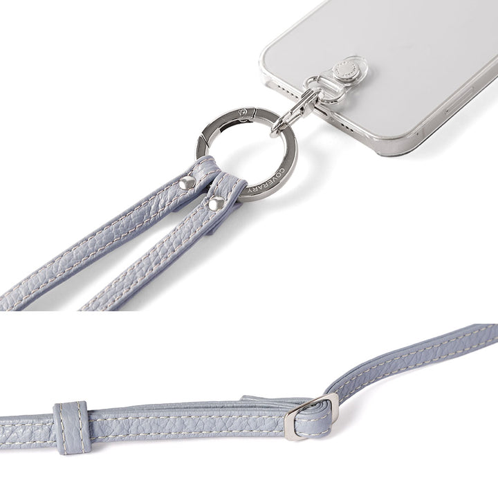 Étui transparent en cuir véritable avec bandoulière à anneau (ajustement des ferrures possible) et étui arrière