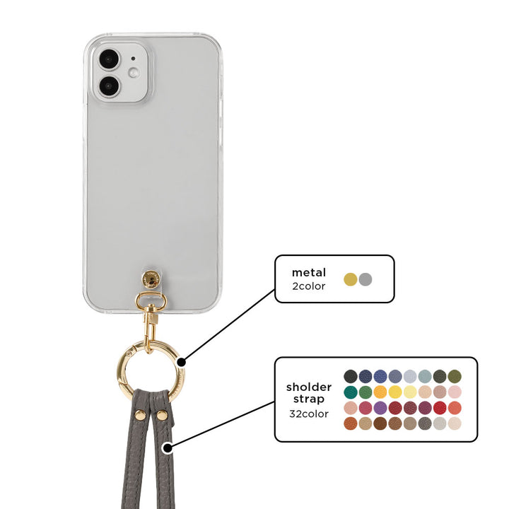 Étui transparent en cuir véritable avec bandoulière à anneau (ajustement des ferrures possible) et étui arrière