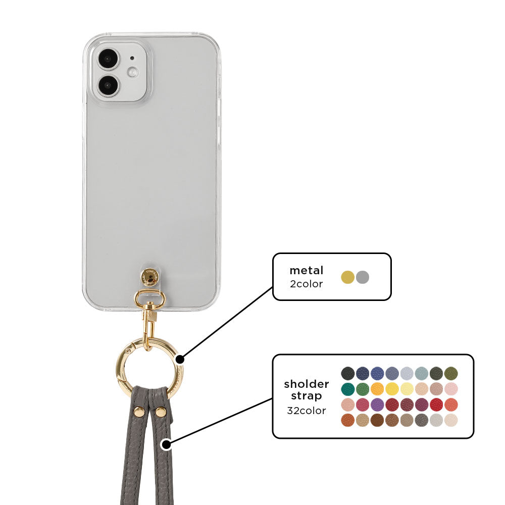 クリアケース 本革 リングショルダーストラップ(金具調整あり)付き 背面ケース iPhoneシリーズ