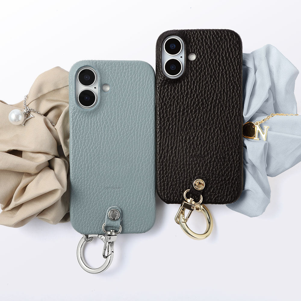 maika design Cuir véritable 32 couleurs Cuir italien grainé Initiale avec chouchou et sangle de poignet Coque arrière