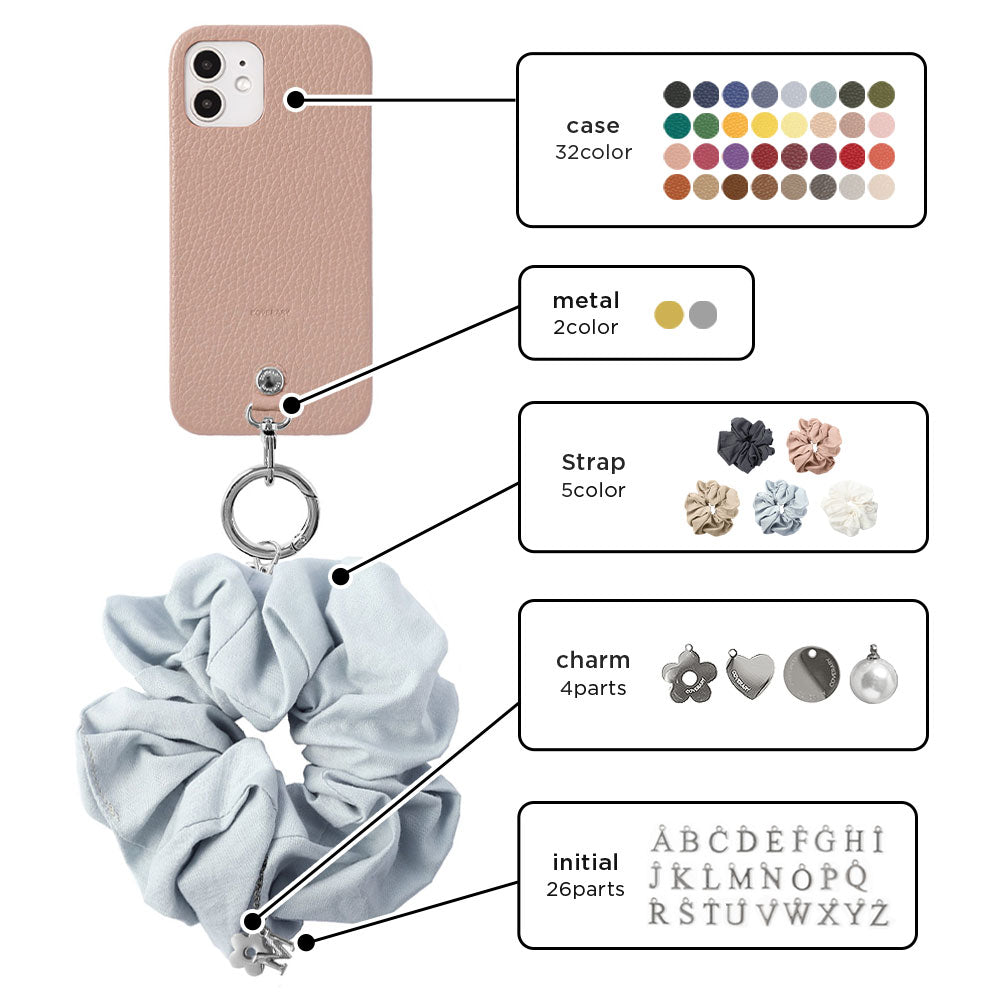 maika design Cuir véritable 32 couleurs Cuir italien grainé Initiale avec chouchou et sangle de poignet Coque arrière