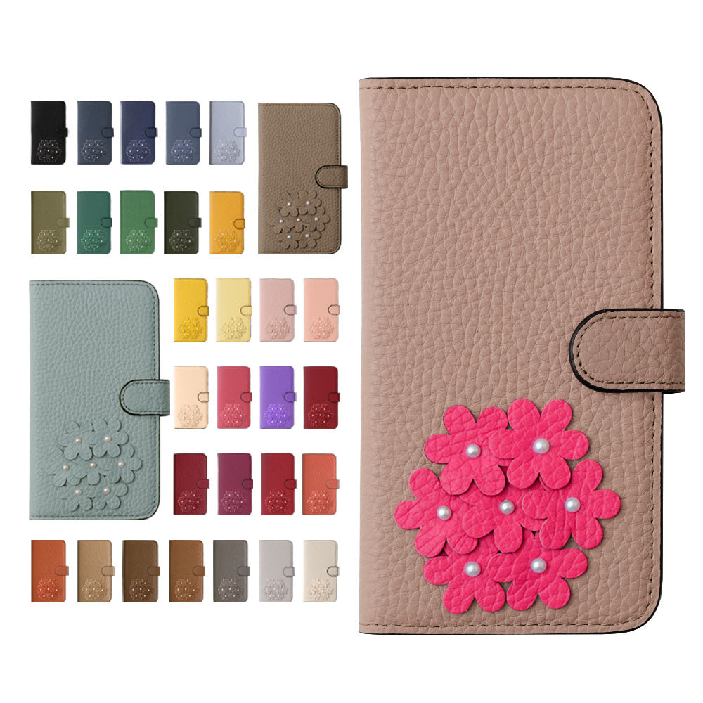 自分でデザイン あじさい フラワーデコ 手帳型ケース 本革 32色 イタリアンシュリンクレザー