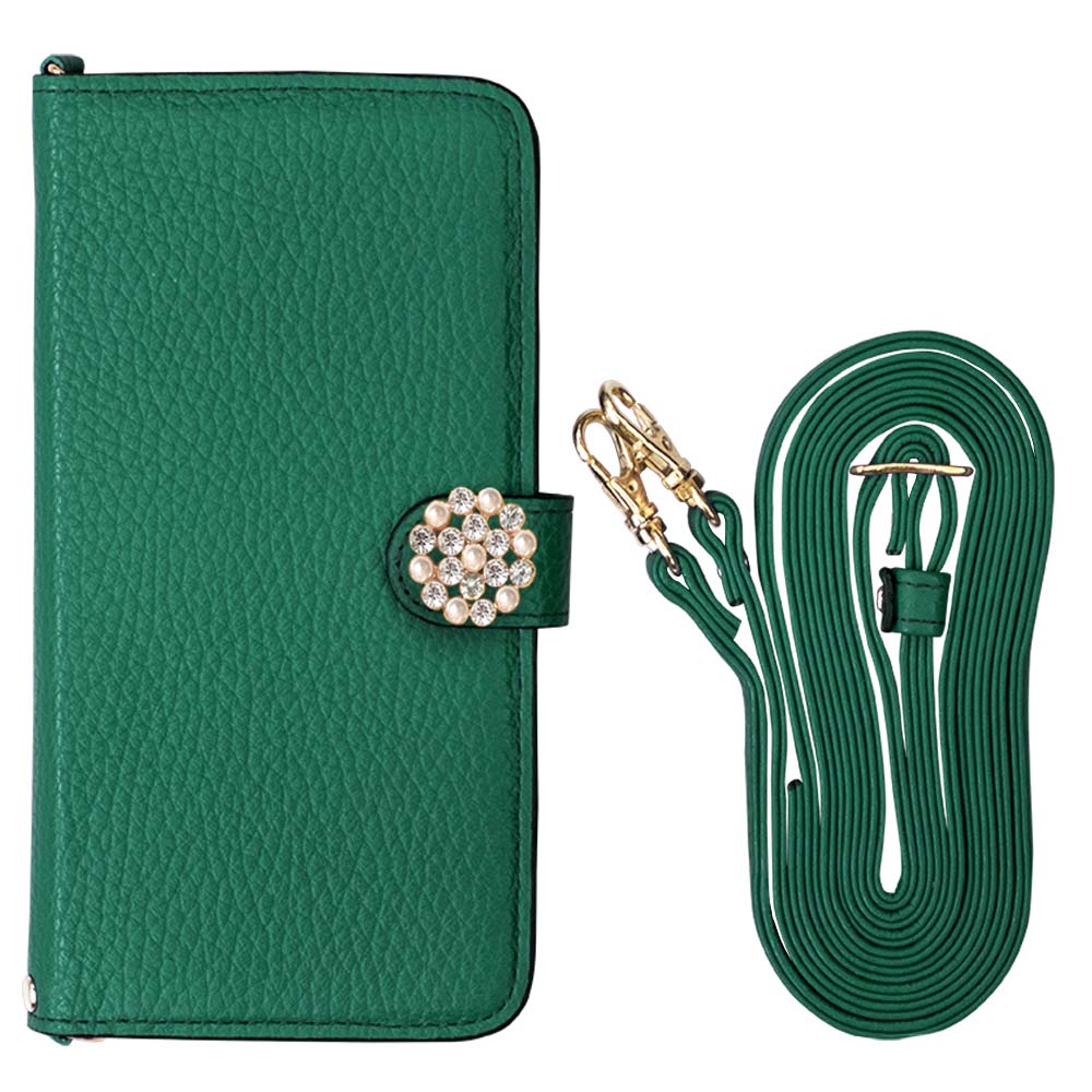 Genuine leather 32 colors Italian shrink leather with shoulder strap Crystal pearl decoration notebook-style case (with belt) AQUOS series