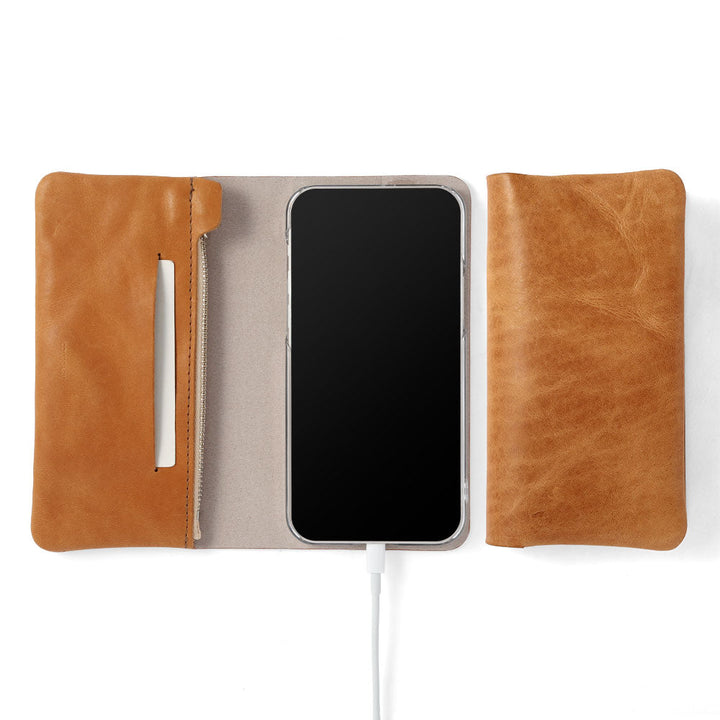 Étui portefeuille en cuir véritable cuir japonais Mostro avec fonction support et poche zippée pour la série Google Pixel