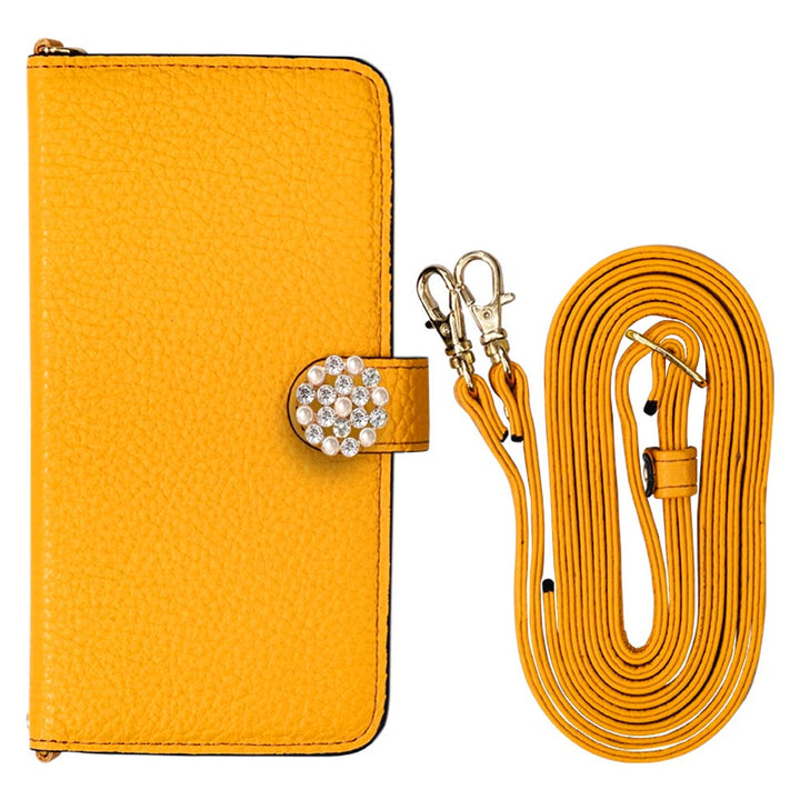 Cuir véritable 32 couleurs cuir italien grainé avec bandoulière, décoration perle cristal, étui portefeuille (avec ceinture)