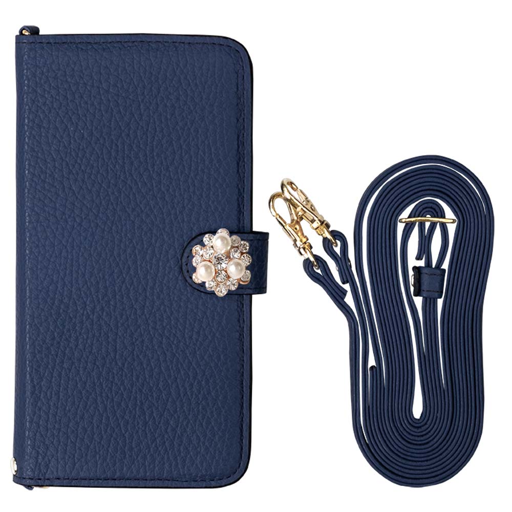 Genuine leather 32 colors Italian shrink leather with shoulder strap Crystal pearl decoration notebook-style case (with belt) AQUOS series