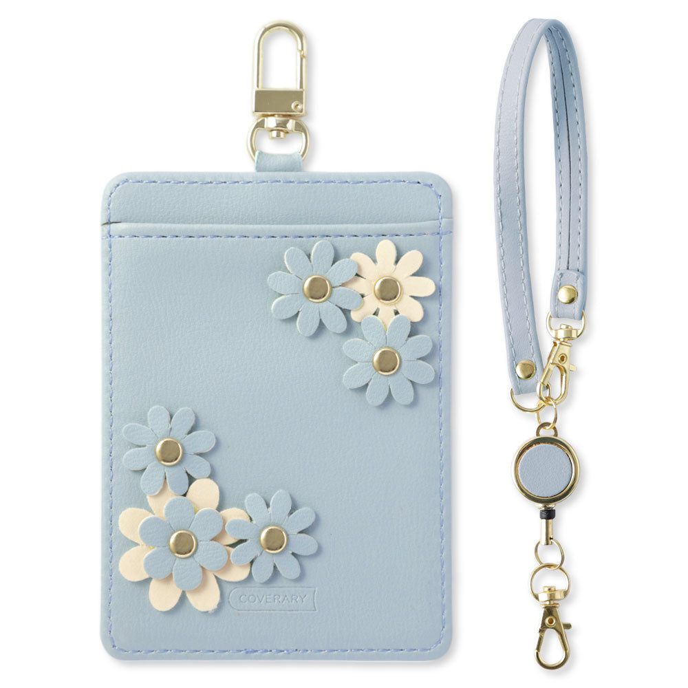 くすみパステルカラー スムースレザー調  フラワーモチーフ リール付きパスケース