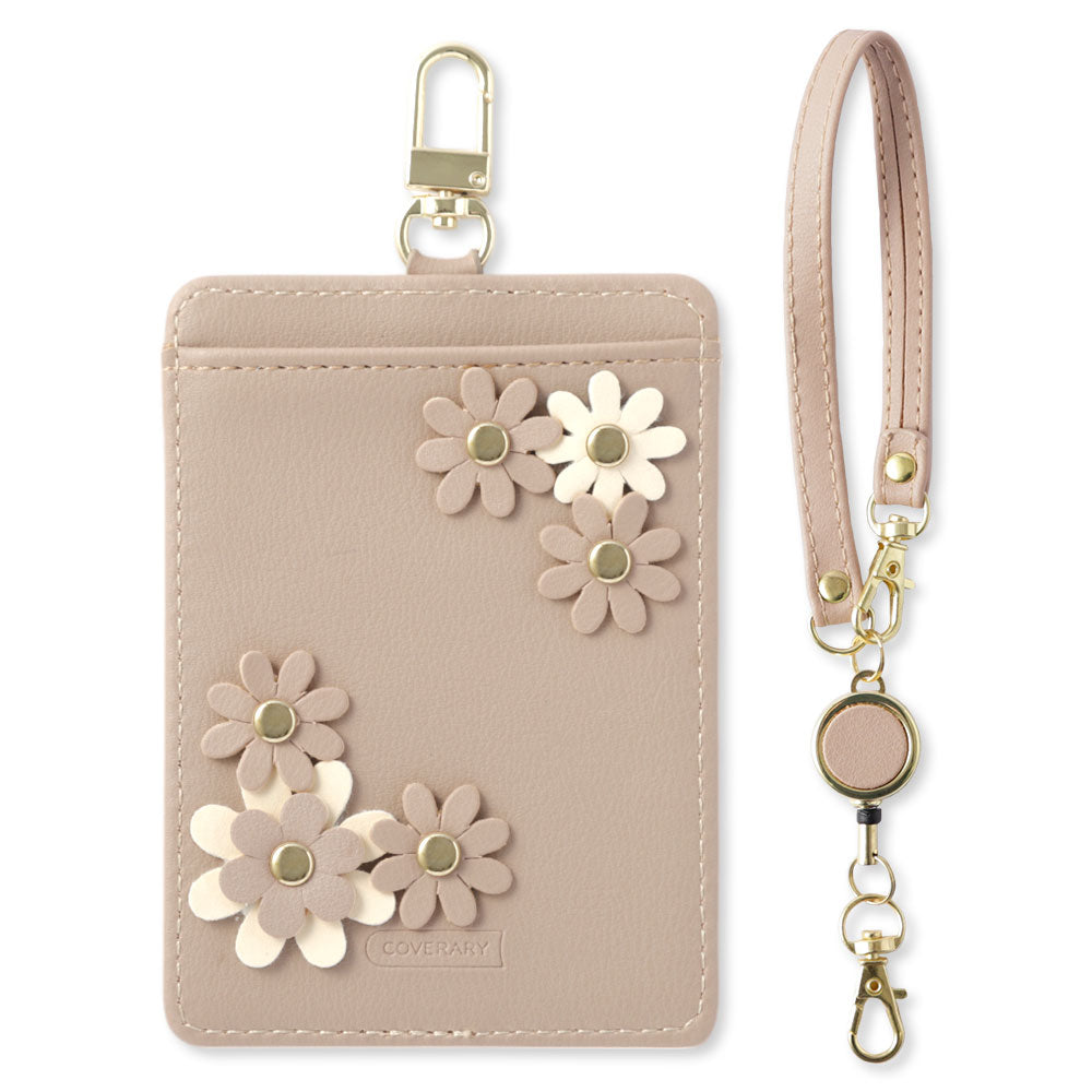 くすみパステルカラー スムースレザー調  フラワーモチーフ リール付きパスケース