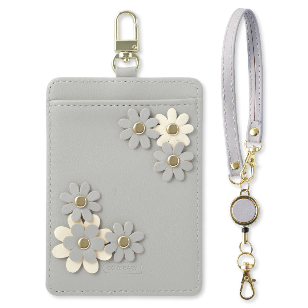 くすみパステルカラー スムースレザー調  フラワーモチーフ リール付きパスケース