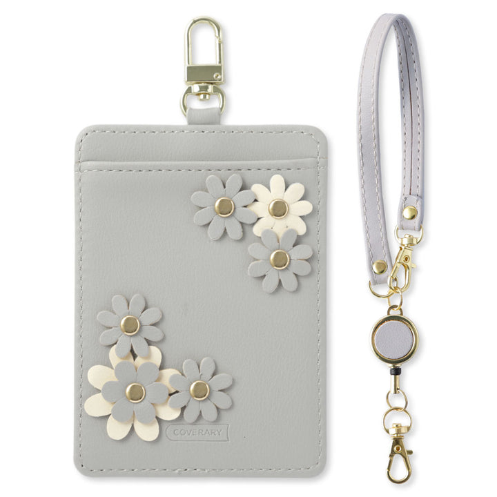 くすみパステルカラー スムースレザー調  フラワーモチーフ リール付きパスケース